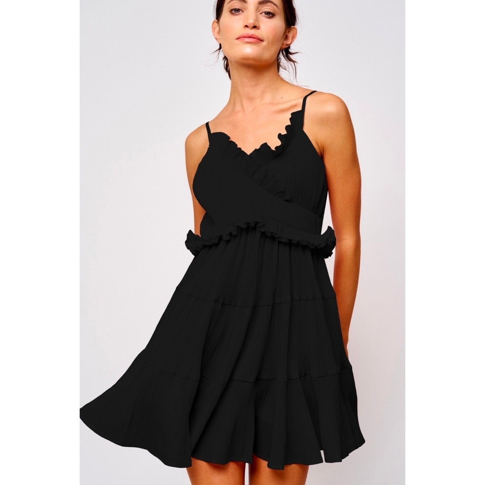 Ciebon Carrie Dress Black Pleated Tiered Ruffle Mini Dress Large NEW‎